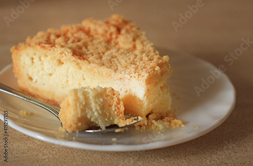 Delicious tender crumbly piece of cottage cheese pie