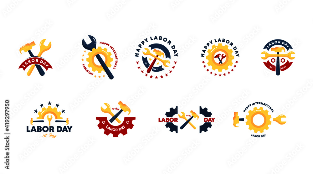 Flat happy labor day badge collection vector. 1st of may labour day background vector set.
