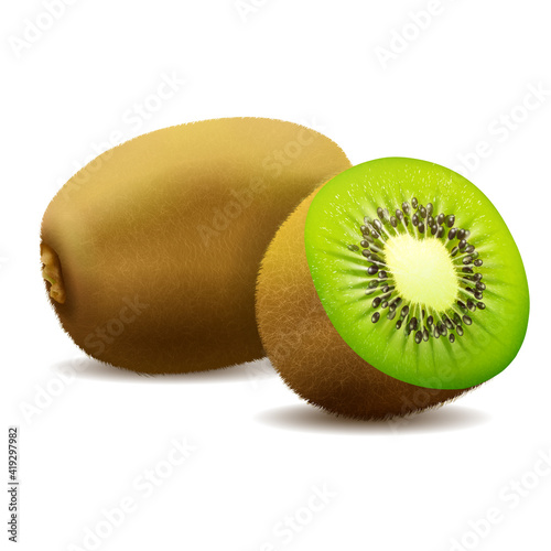 Whole juicy kiwi and half green kiwi, kiwi cut with shadow on white background vector realistic