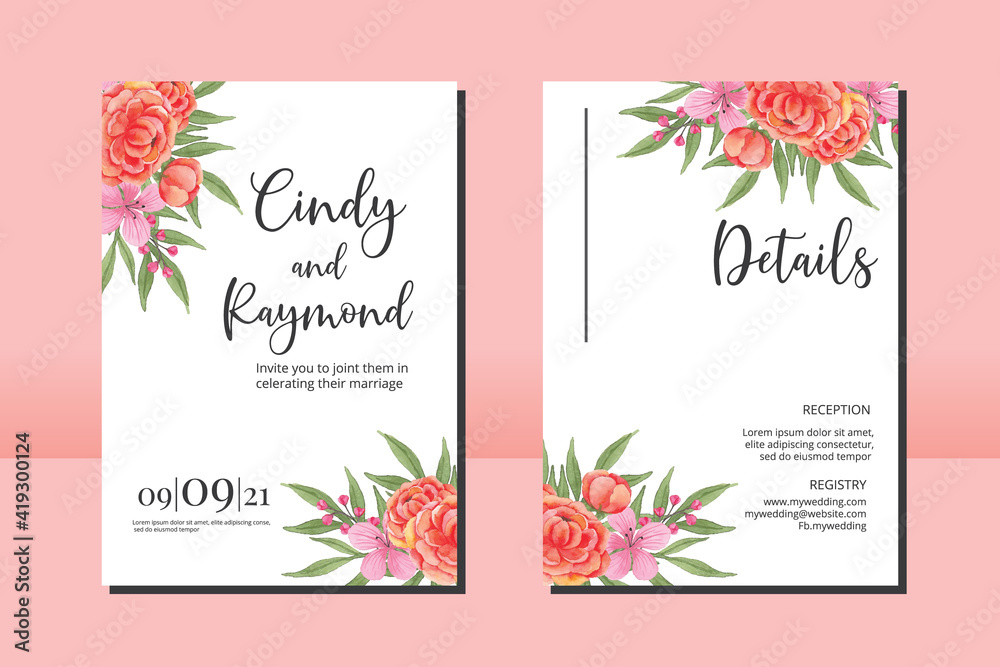 Obraz premium Wedding invitation frame set, floral watercolor hand drawn Peony Flower design Invitation Card Template