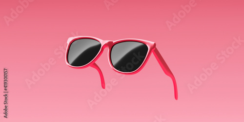 Pink fashion sunglasses and black lens optic on summer object background with modern accessory design. 3D rendering.