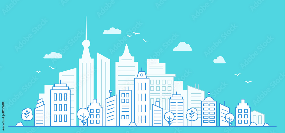 Urban city landscape with high skyscrapers. Thin line City landscape on blue background. White paper houses. Vector illustration.