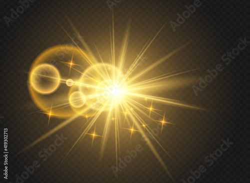 Glowing Light Star with Sparkles. Golden Light effect. Vector illustration