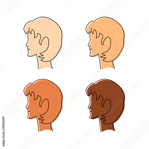 Vector illustration of a profile of a woman with short straight hair. Four variants of skin color, from light to dark. Line art for banner, poster, logo, clothing, catalog, advertisement design, print