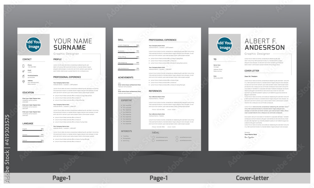 Elegant CV / resume template minimalist gray and white vector
Cv templates. Professional resume letterhead, cover letter business layout job applications, 
personal description profile vector set