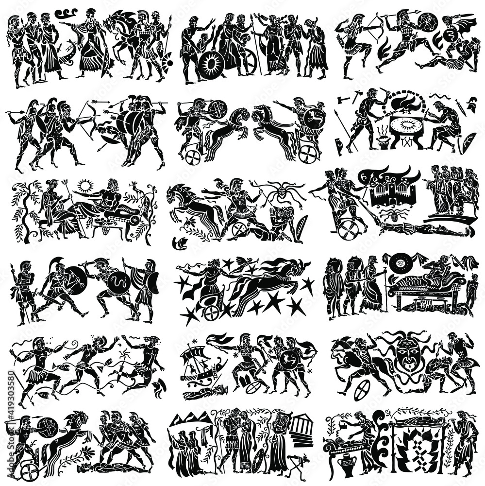 Obraz premium Large collection of Greek songs on a white background. Black silhouettes of the Greek heroes. Tattoos on a thematic topic.