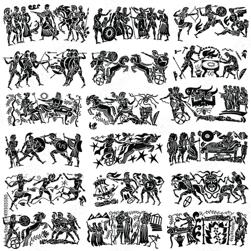 Large collection of Greek songs on a white background. Black silhouettes of the Greek heroes. Tattoos on a thematic topic.