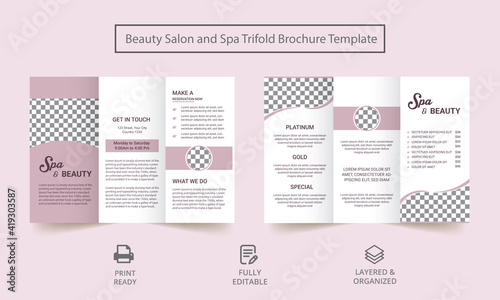 Spa Women Salon Trifold Brochure Layout. Beauty Salon Trifold Brochure Template Design. Tri-fold, brochure, flyer.