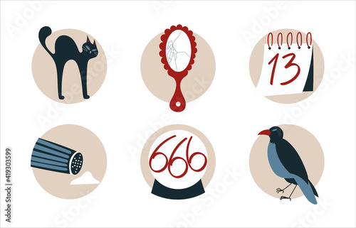 Set of bad luck symbols. Black cat, Friday 13th, number 666 in crystal ball, shattered mirror, spilled salt. Unfortunate numbers and misfortune signs. Superstitions concept vector illustrations set