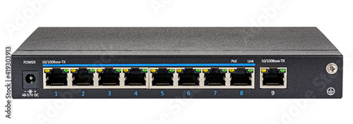Front view of ethernet switch with 8 PoE support ports isolated on white background