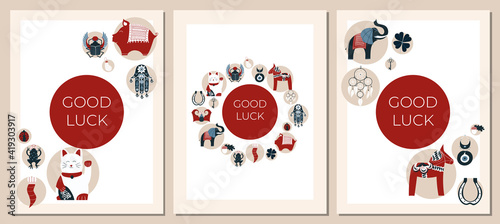Lucky charms, symbols, amulets, talismans. Good luck symbols banner. Symbols of good fortune, prosperity and success. Horseshoe, clover, rabbit foot, evil eye, maneki Neko
