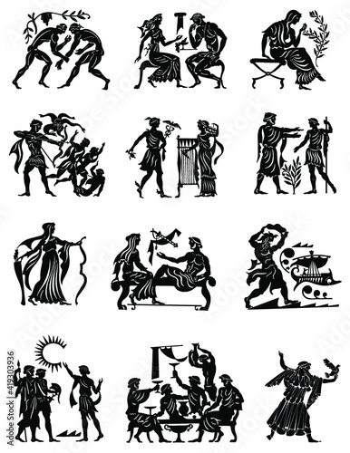 Large collection of Greek songs on a white background. Black silhouettes of the Greek heroes. Tattoos on a thematic topic.