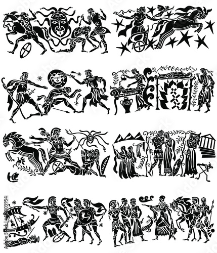 Large collection of Greek songs on a white background. Black silhouettes of the Greek heroes. Tattoos on a thematic topic.