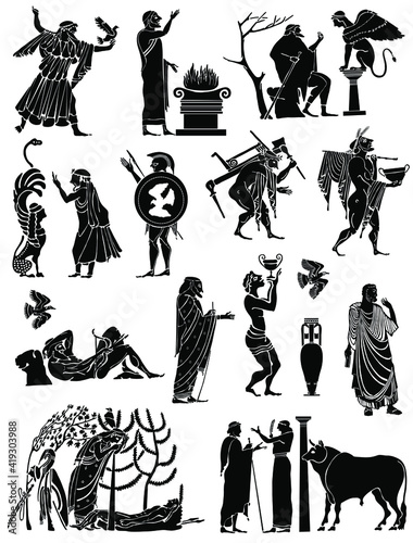 Large collection of Greek songs on a white background. Black silhouettes of the Greek heroes. Tattoos on a thematic topic.