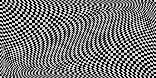 Abstract background with black and white chess board twirl futuristic waves art