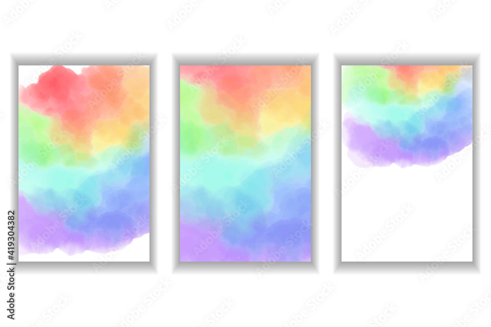 Watercolor stains. A set of templates for postcards, invitations, business cards. Abstract vector rainbow color background.