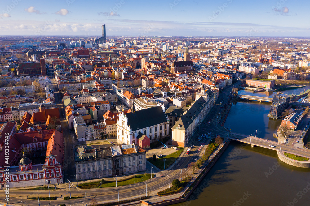 Aerial view on the city Wroclaw and Market square. Poland - obrazy, fototapety, plakaty 