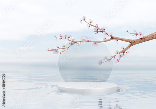 White product display podium with water reflection and blossom flowers on blue background. 3D rendering