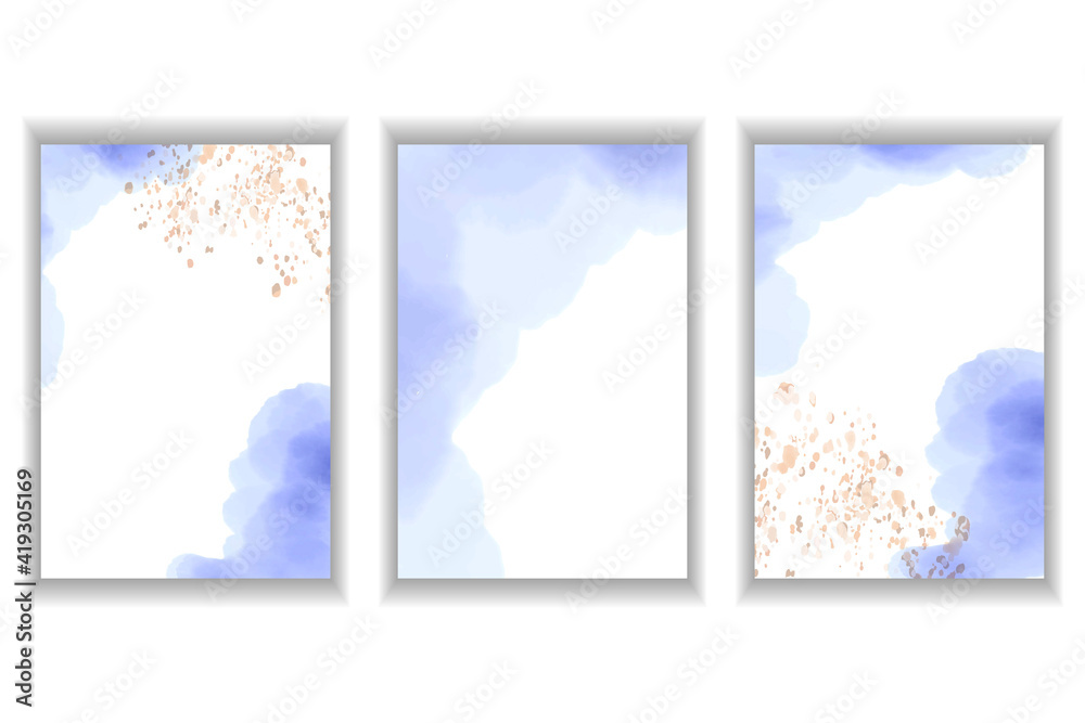 Watercolor stains. A set of templates for postcards, invitations, business cards. Abstract vector background of blue color and splashes