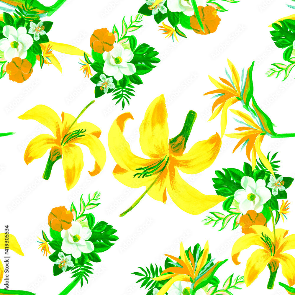 Natural Seamless Art. Yellow Pattern Hibiscus. White Tropical Plant. Organic Flower Illustration. Golden Floral Plant. Green Flora Hibiscus. Watercolor Textile.