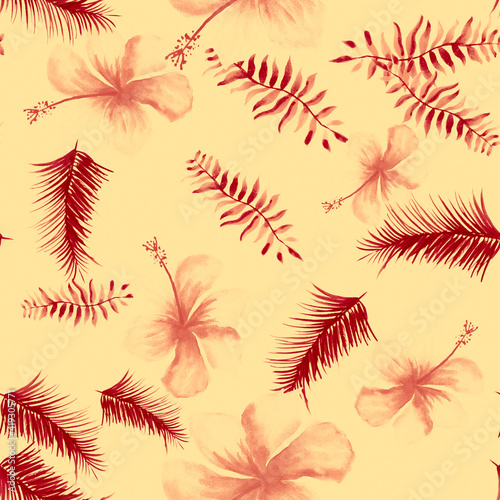 Brown Tropical Design. Pink Seamless Textile. Scarlet Pattern Hibiscus. Coral Drawing Art. Red Flower Exotic. Gray Wallpaper Design. Decoration Leaves.