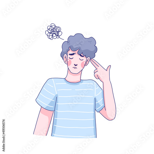 Boy hand shooting his head.