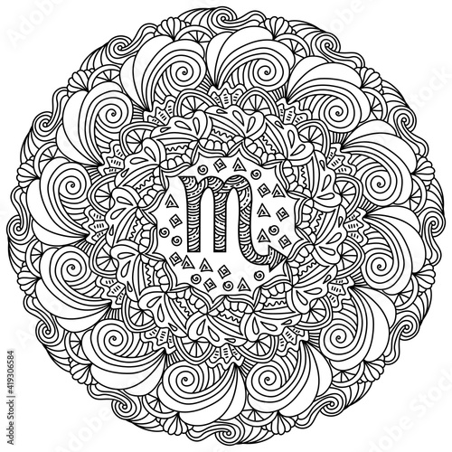 Contour mandala Zodiac Sign Scorpio, doodle coloring page in the form of a round pattern of frequent frame and wavy curls