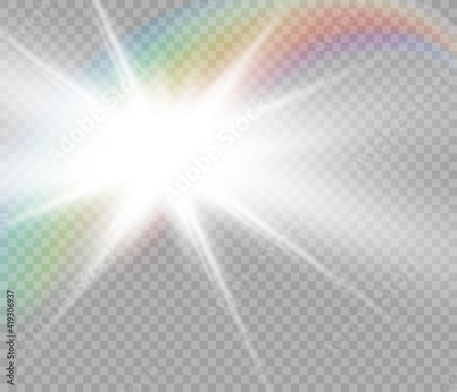 Glow isolated white transparent light effect set, lens flare, explosion, glitter, line, sun flash, spark and stars. Abstract special effect element design. Shine ray with lightning
