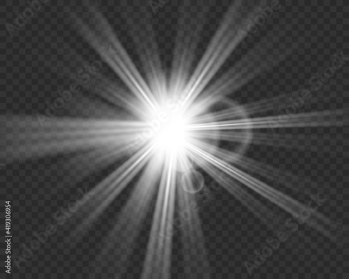 Glow isolated white transparent light effect set, lens flare, explosion, glitter, line, sun flash, spark and stars. Abstract special effect element design. Shine ray with lightning