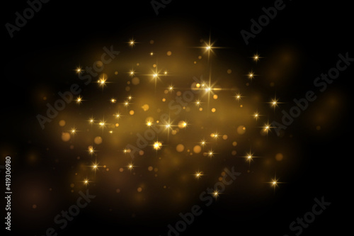 The dust sparks and golden stars shine with special light. Vector sparkles on a transparent background. Christmas light effect. Sparkling magical dust particles.
