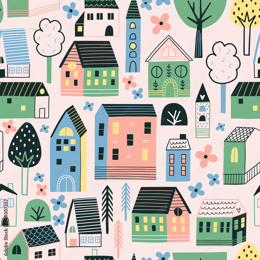 Childish seamless pattern with trees and houses. Colorful background vector. Hand drawn illustration.