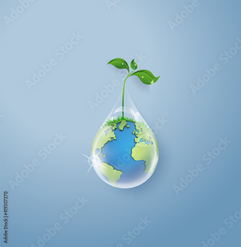 concept of ecology and wolrd water day . Paper art and digital craft style.