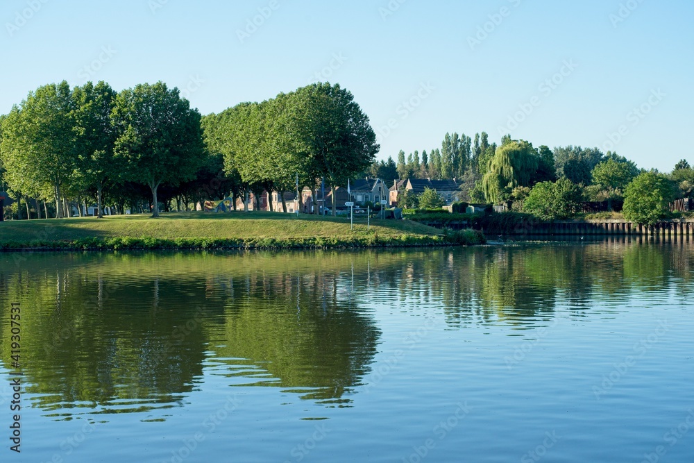 Mortagne-du-Nord France - 7 August 2020 -Confluence of Scheldt (Schelde) and Scarpe river