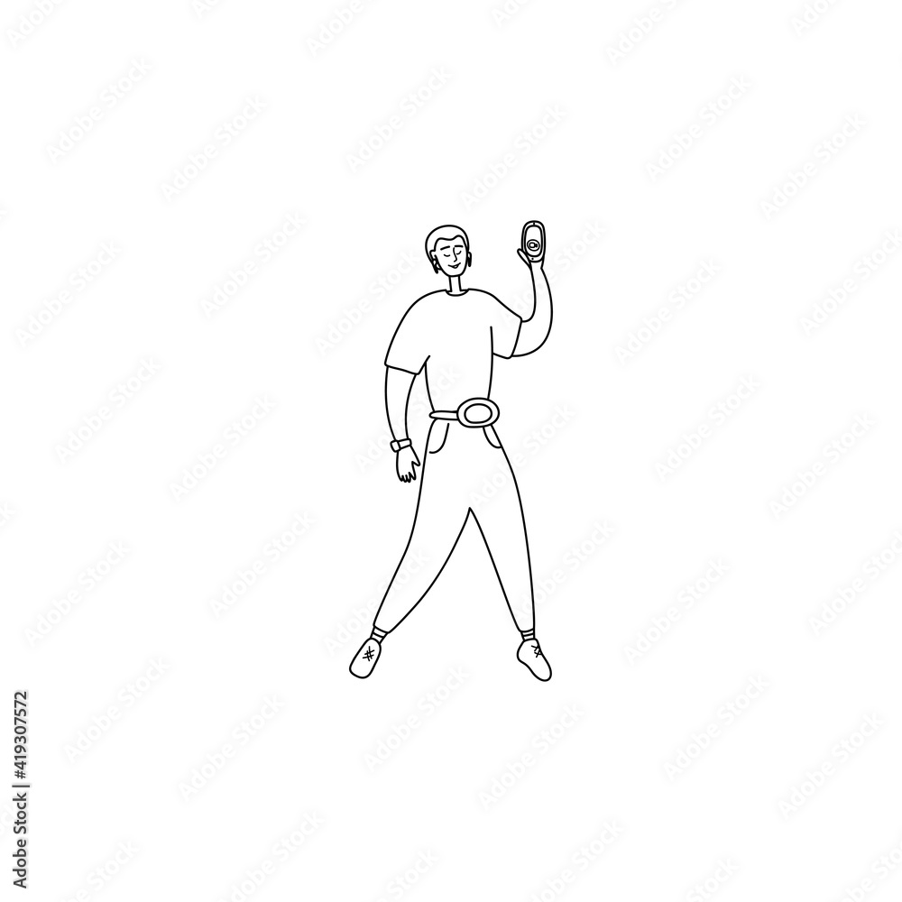 Asian man walks and shoots video for blog. Blogger is streaming, recording vlog. Male character holding phone in hand and smiling at camera. Young guy communicates via video link. Cartoon graphic Asian man walks and shoots video for blog. Blogger is streaming, recording vlog. Male character holding phone in hand and smiling at camera. Young guy communicates via video link. Cartoon graphic