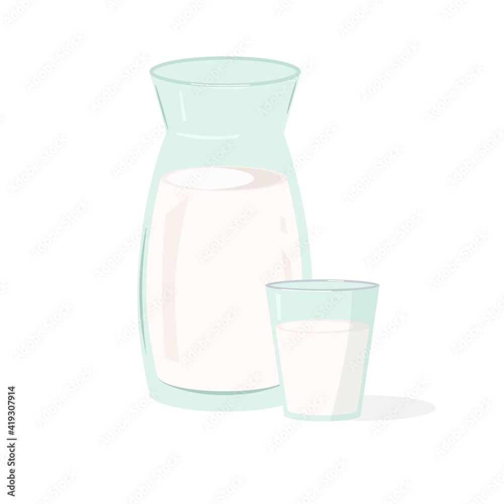 Glass milk jug with glass on white background Glass milk jug with glass on white background