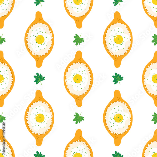 Khachapuri, traditional georgian pies and fresh parsley vector seamless pattern background.
