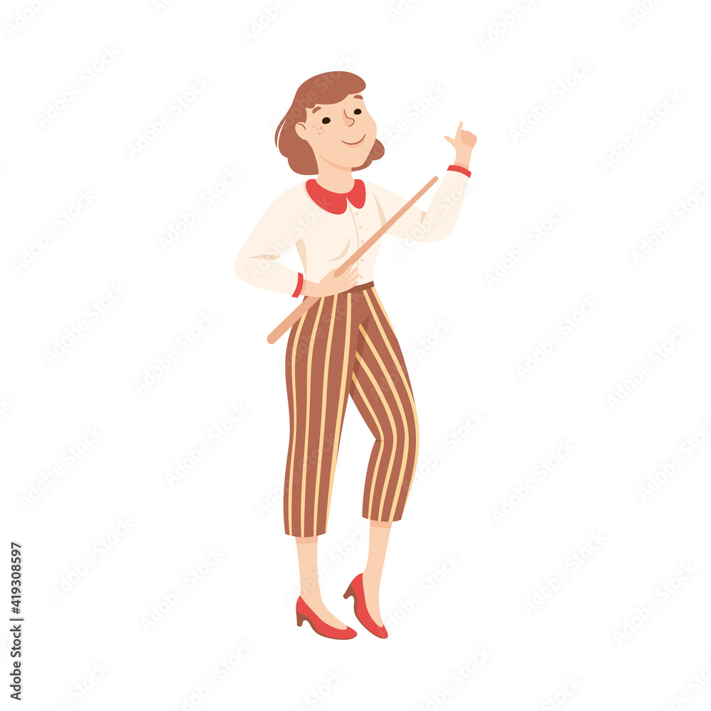 Woman School Teacher or Educator Standing with Pointer Vector Illustration Woman School Teacher or Educator Standing with Pointer Vector Illustration