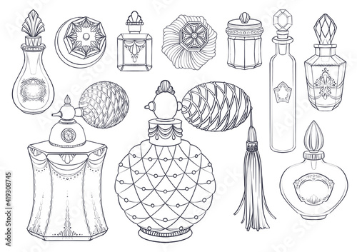 Hand drawn coloring page with set of vintage crystal jars and jeweled antique perfume bottles with decoration for illustration, decor, book, postcard, identity, in Marie Antoinette style photo