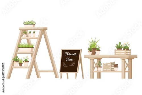 Flower shop wooden furniture, store equipment with shelving ladder, desk and advertising board isolated on white background in cartoon style. Retail decoration element, flowerpot, fresh, green plants