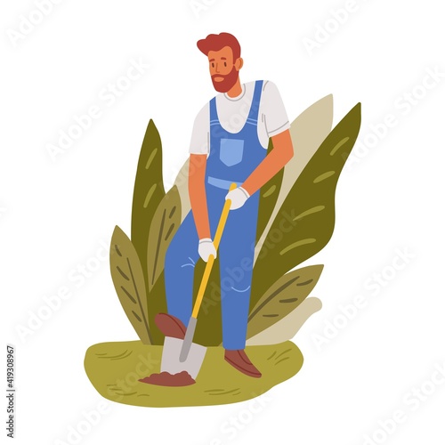 Farmer digging up ground with shovel in backyard. Young handyman working in garden. Colored flat vector illustration of professional gardener in uniform and gloves isolated on white background