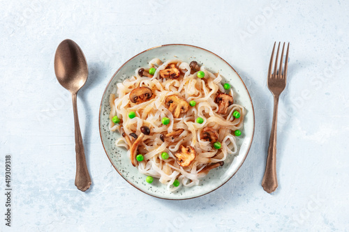Konjac pasta with mushrooms, shot from the top
