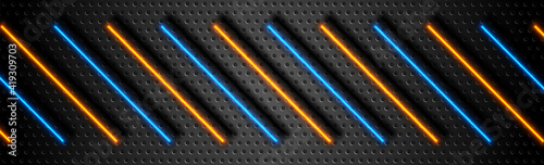 Futuristic perforated technology abstract background with blue orange neon glowing lines. Vector concept banner design