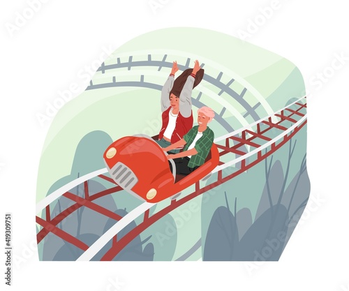 Happy love couple riding roller coaster car. Entertainment of careless free people in amusement park. Fast speed concept. Colored flat cartoon vector illustration isolated on white background