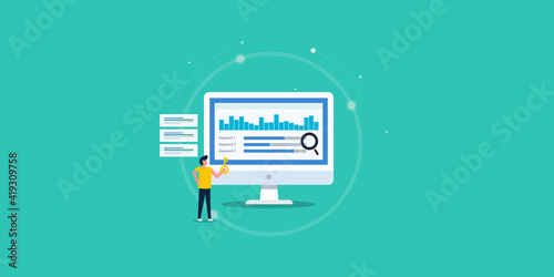 Seo keyword analysis and on page optimization website keyword planning tool using businessman, increase web traffic and search visibility concept. Vector illustration, flat design.