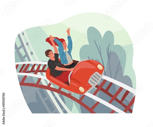 Young couple riding roller coaster car in amusement park. Happy people on top of rollercoasters. Freedom and success concept. Colored flat cartoon vector illustration isolated on white background