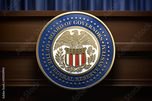 Εκτύπωση καμβά Federal Reserve System Fed sign and symbol on tribune in press conference hall