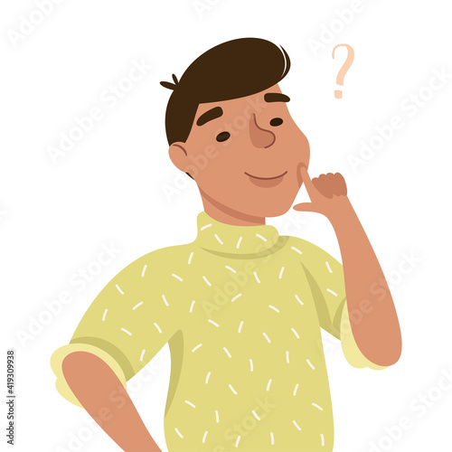 Young Man Solving Puzzle in His Head Thinking and Figuring Something out Half Length Vector Illustration
