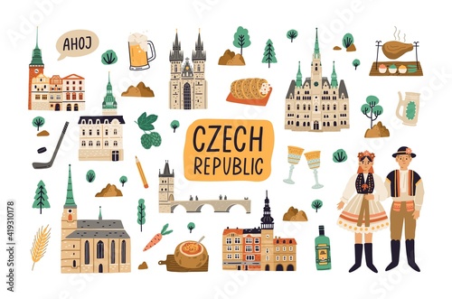 Set of landmarks, buildings, food and drinks of Czech republic. Old architecture, famous palaces, churches, bridges and castles. Colored flat cartoon vector illustration isolated on white background