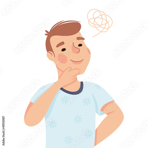 Young Man Solving Puzzle in His Head Thinking and Figuring Something out Half Length Vector Illustration