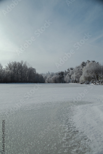 landscape snowy forest and river